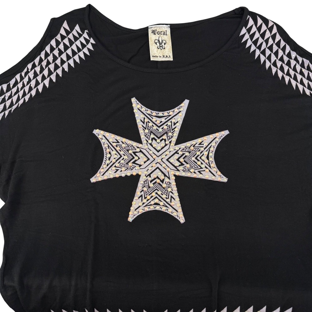 Vocal USA Womens Black Cold Shoulder Rhinestone Cross Top Style 12244S Medium